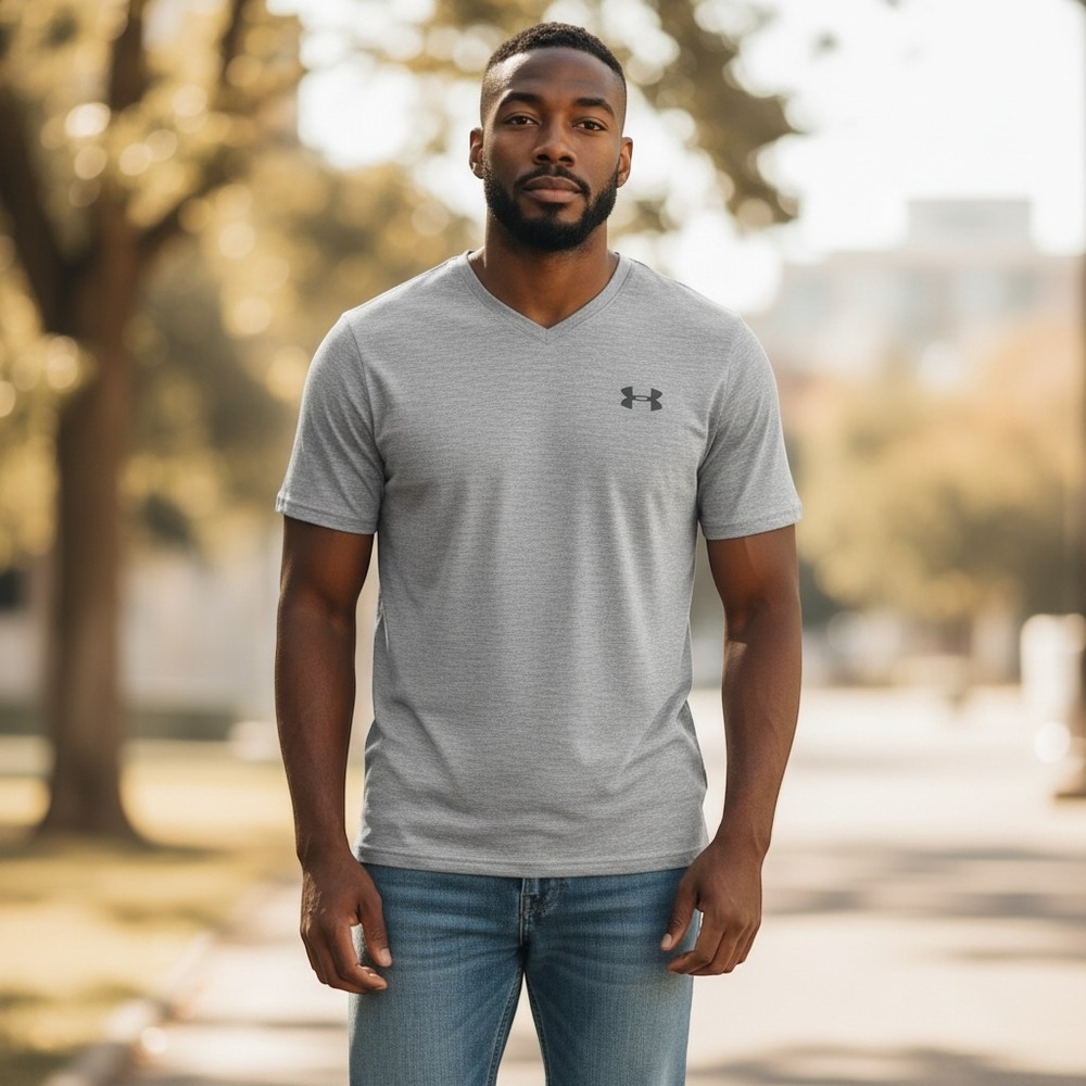 Under Armour V-Neck Shirt Small Gray Excellent HeatGear Loose Fit Training Tee